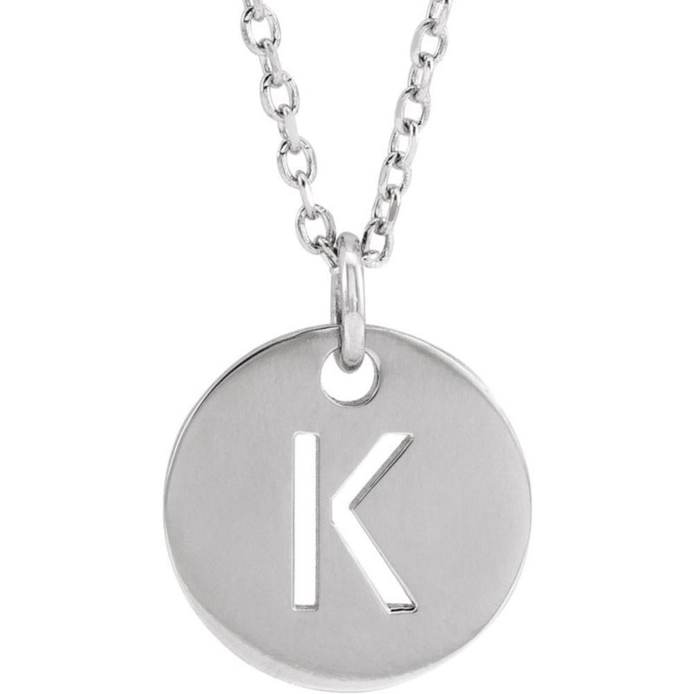 14k White Gold Initial K, Small 10mm Pierced Disc Necklace, 16-18 Inch